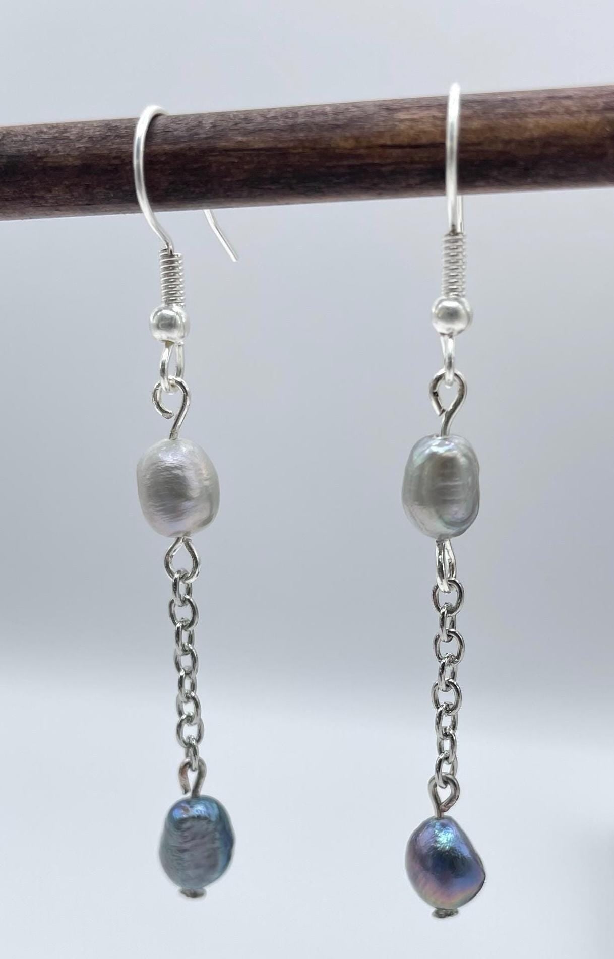 Gemma - Elegant Freshwater Baroque Pearl Silver Drops Blue Gray Earrings Gifts